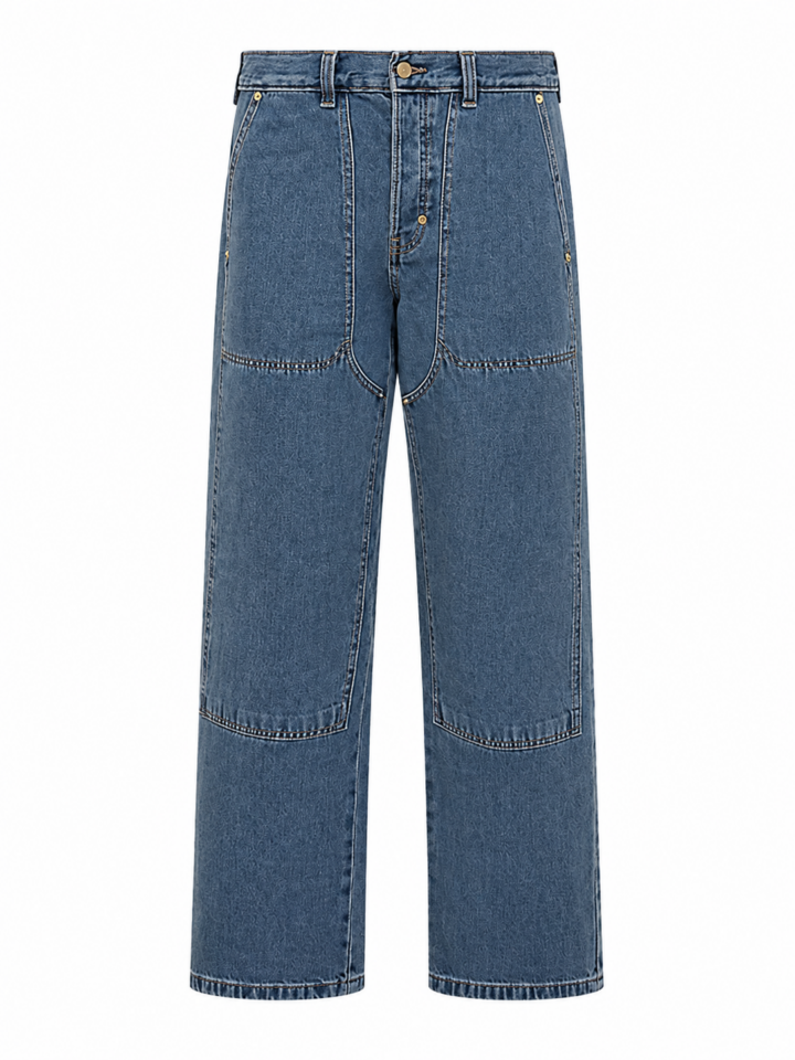 Medium-Wash Blue High-Rise Wide-Leg Paneled Jeans