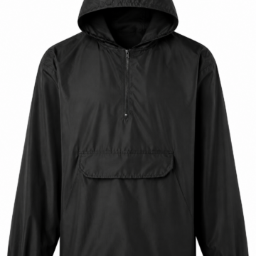 Black Pullover Hooded Anorak with Half Zip and Flap Pocket