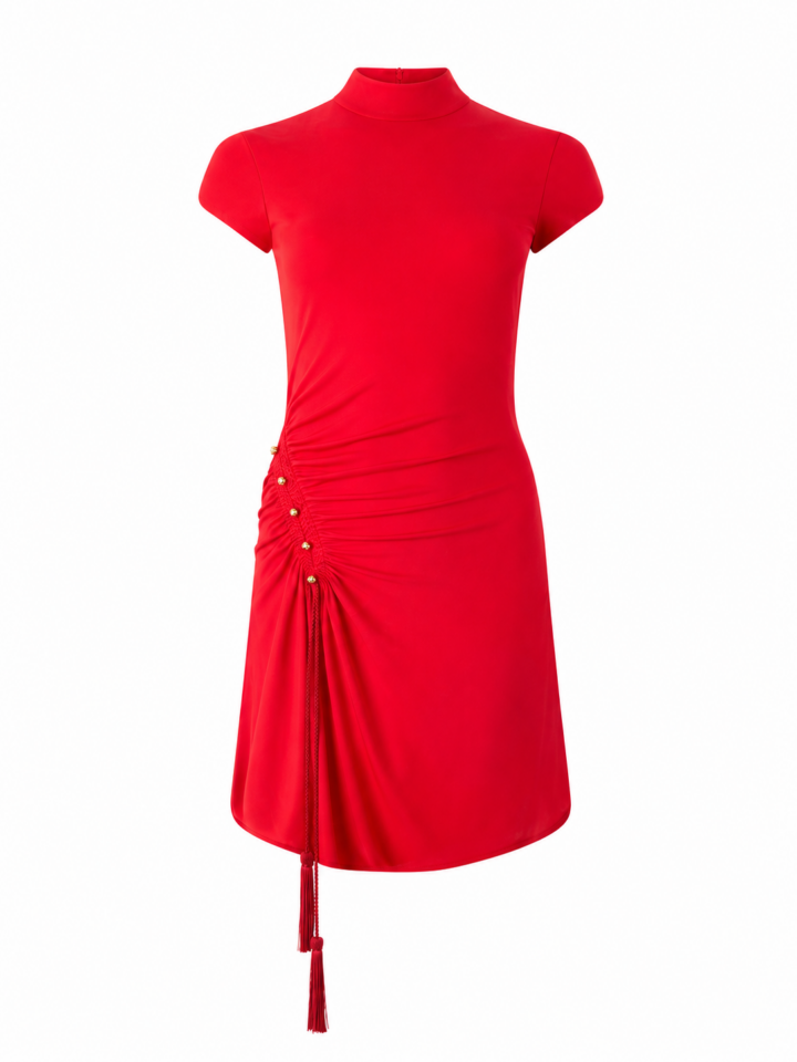 Bright Red Ruched Bodycon Mini Dress with Gold Buttons