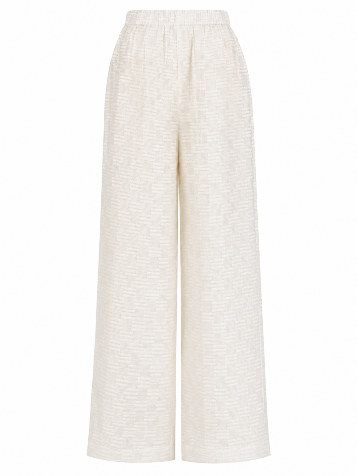 Off-White Wide-Leg Pleated Trousers with Textured Woven Pattern