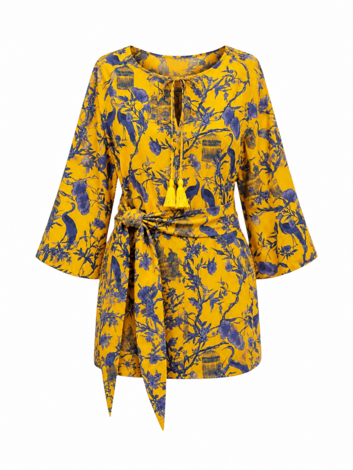 Yellow Floral Tunic Dress with Bell Sleeves