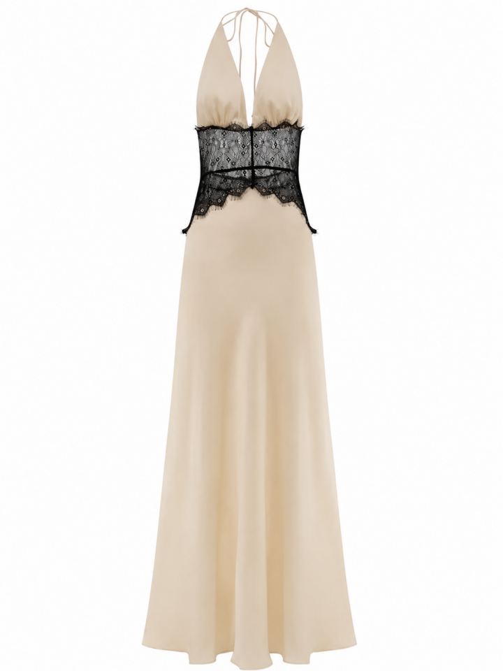 Champagne Halter Maxi Dress with Lace Corset Waist