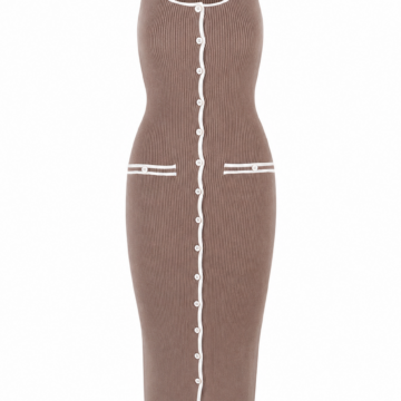 Brown Ribbed Knit Bodycon Midi Dress with White Trim