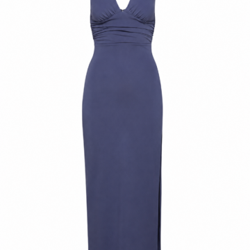 Dark Blue Ruched Bodycon Maxi Dress with Side Slit