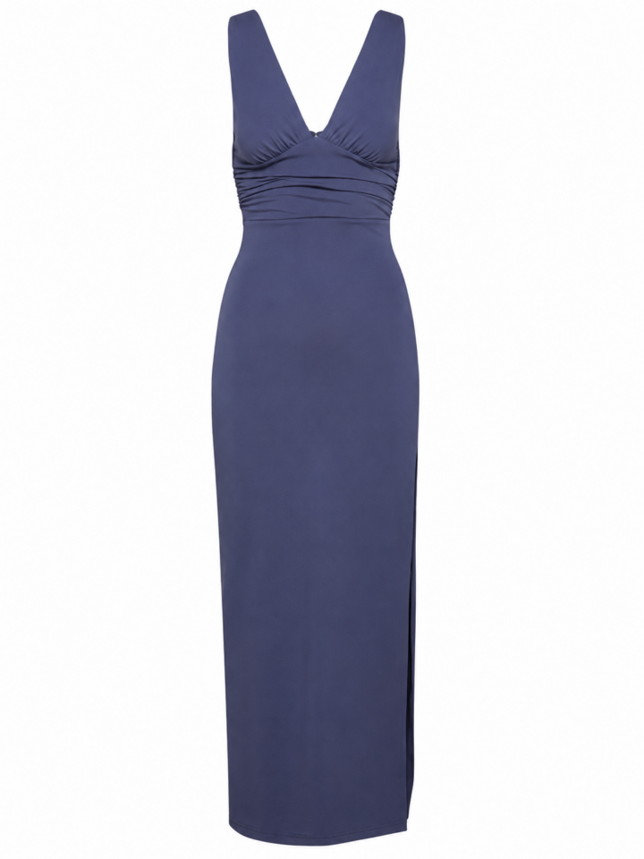 Dark Blue Ruched Bodycon Maxi Dress with Side Slit