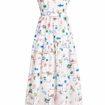 White Travel Print Sleeveless A-Line Midi Dress