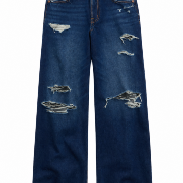 Dark Wash Distressed Wide-Leg Jeans with Raw Hem and Frayed Details