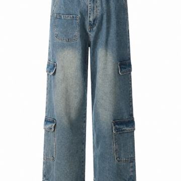 Medium Blue Baggy Straight-Leg Cargo Jeans with Patch Pockets