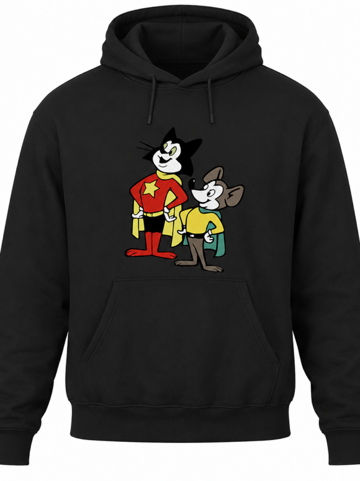 Black Relaxed Pullover Hoodie with Cartoon Graphic