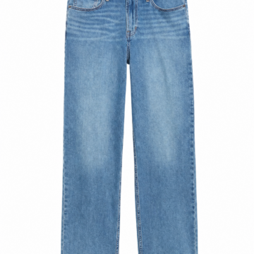 High-Rise Straight-Leg Jeans in Medium Blue Wash with Contrast Stitching